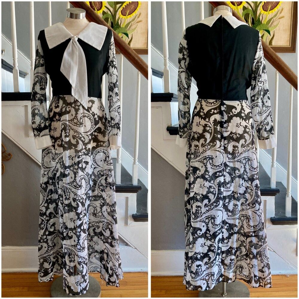 VOLUP 1970s Black And White Psychedelic Paisley Maxi Dress Hostess Pinup